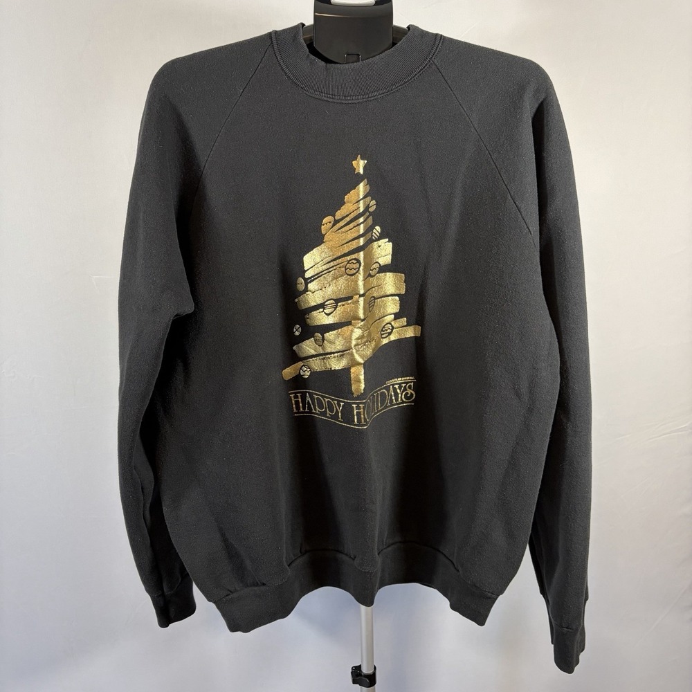 VTG 1992 XXL Happy Holidays Black Sweatshirt Gold Tree Air Waves IncCottage Xmas